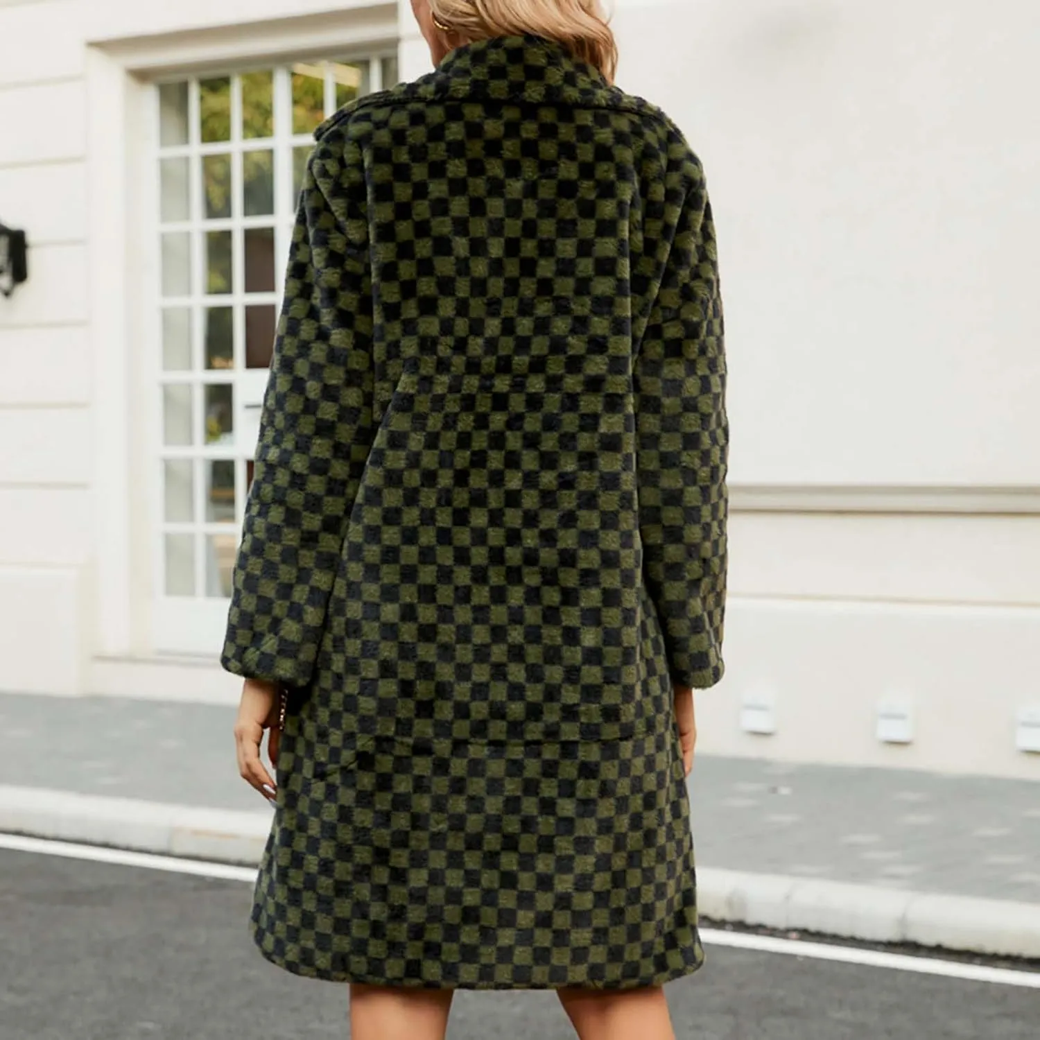 HGps8w Faux Fur Checkerboard Coats for Women Shaggy Warm Outerwear Mid-Long Winter Furry Overcoat Open Front Cardigan Jackets