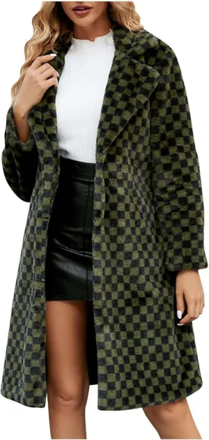 HGps8w Faux Fur Checkerboard Coats for Women Shaggy Warm Outerwear Mid-Long Winter Furry Overcoat Open Front Cardigan Jackets
