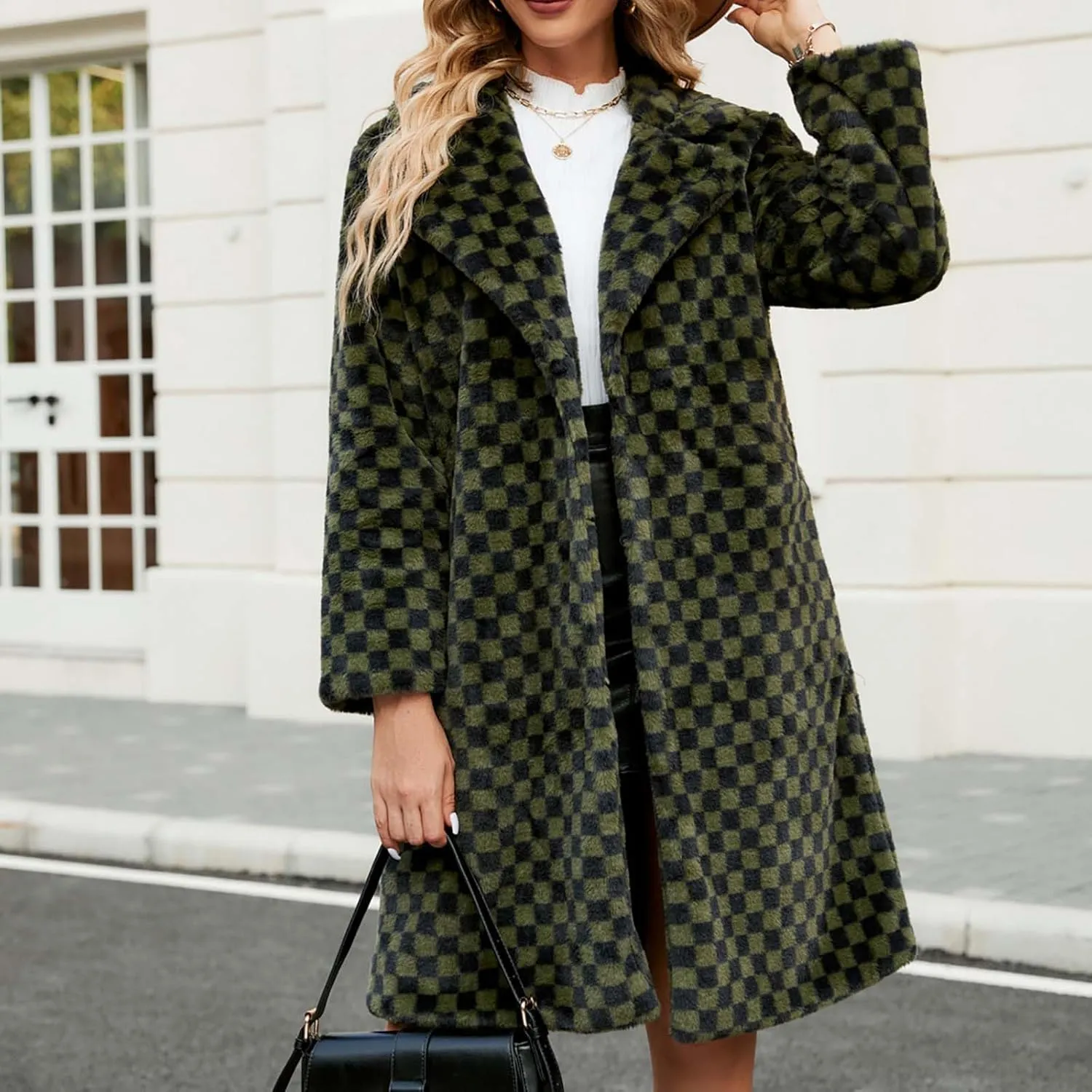 HGps8w Faux Fur Checkerboard Coats for Women Shaggy Warm Outerwear Mid-Long Winter Furry Overcoat Open Front Cardigan Jackets