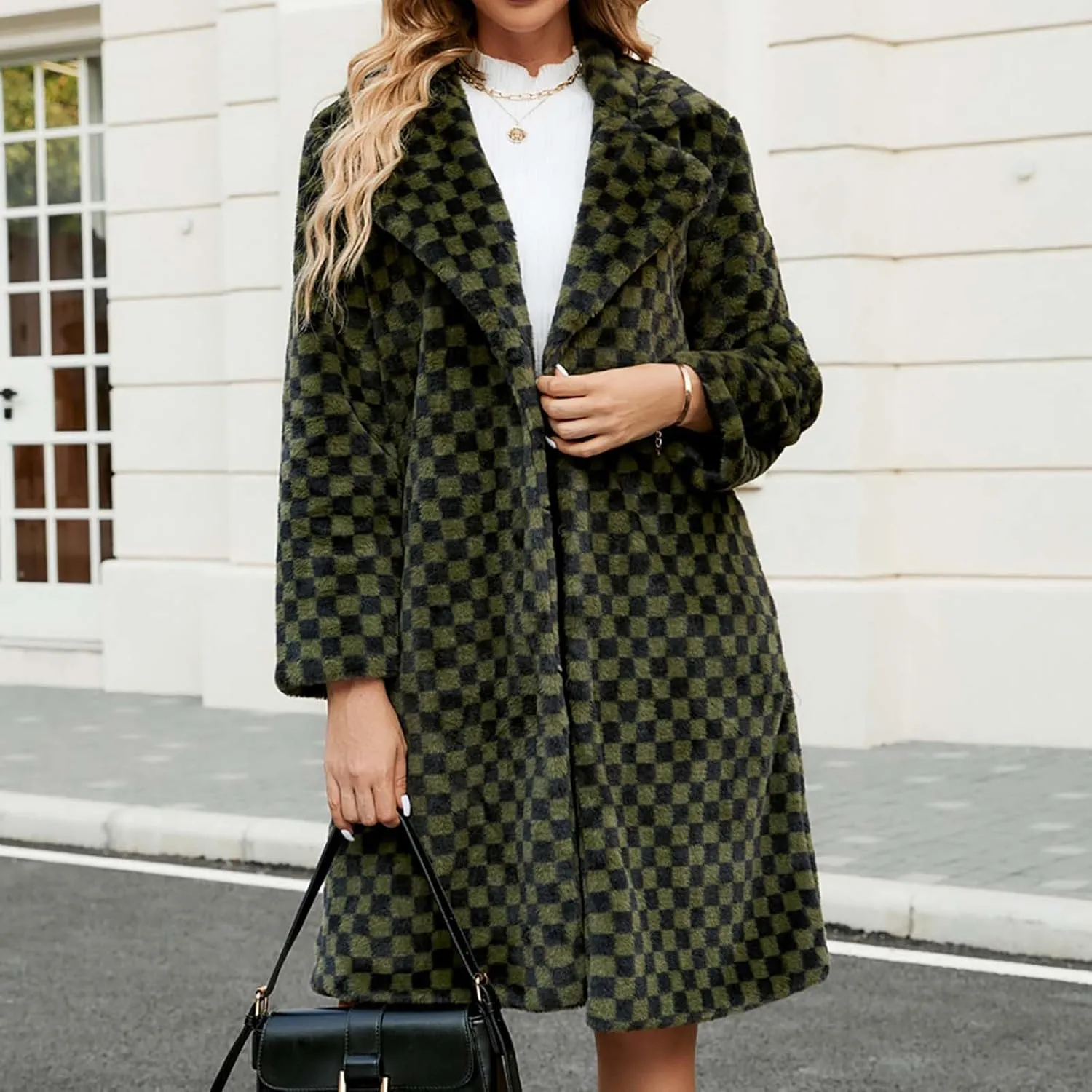 HGps8w Faux Fur Checkerboard Coats for Women Shaggy Warm Outerwear Mid-Long Winter Furry Overcoat Open Front Cardigan Jackets