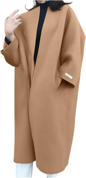 HGps8w Women's Collarless Wool Blend Trench Coat - Elegant Open Front Peacoat Cardigan Winter Jacket Overcoats with Pockets