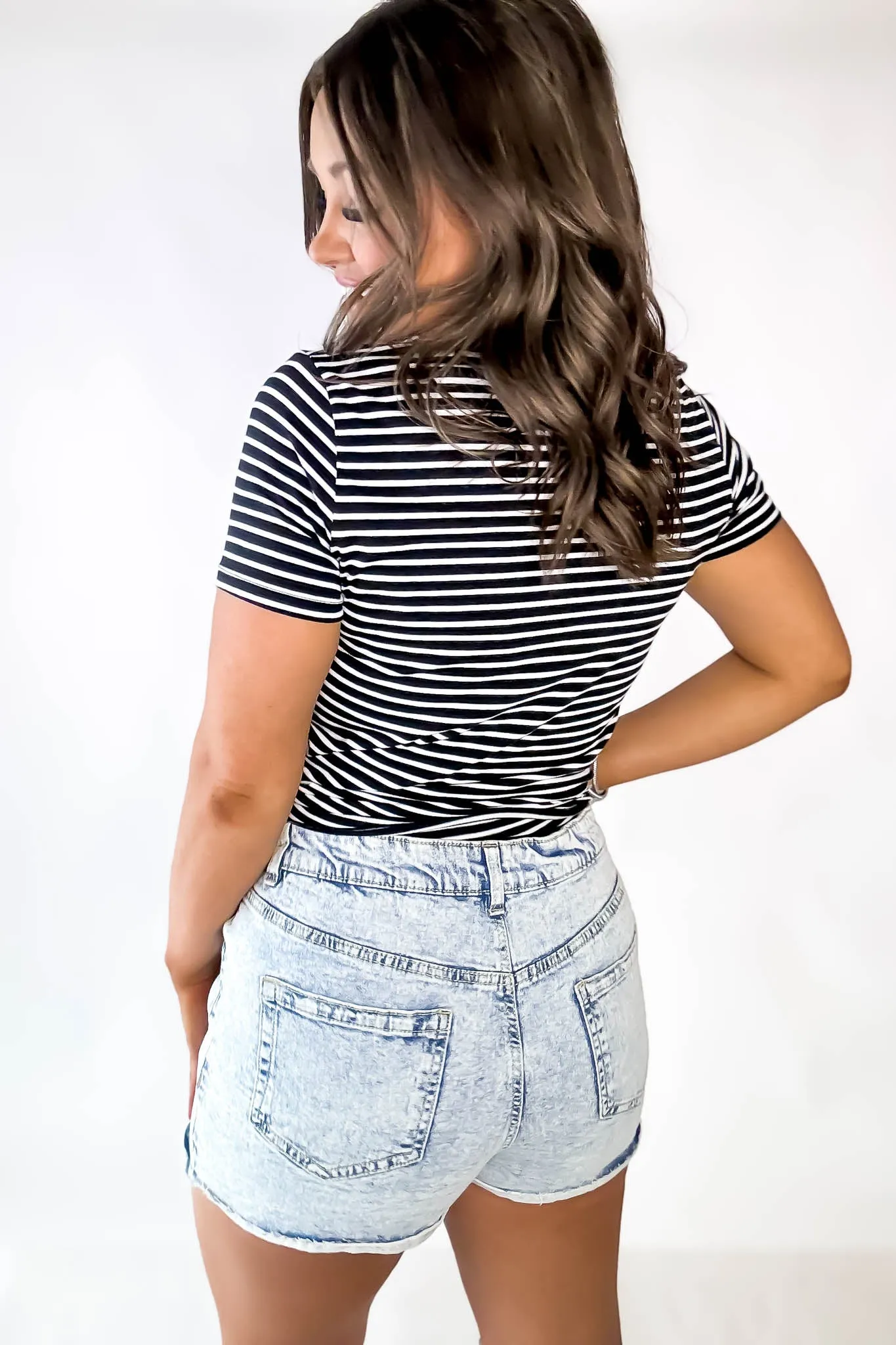 High Rise Light Wash Frey Hem Denim Shorts