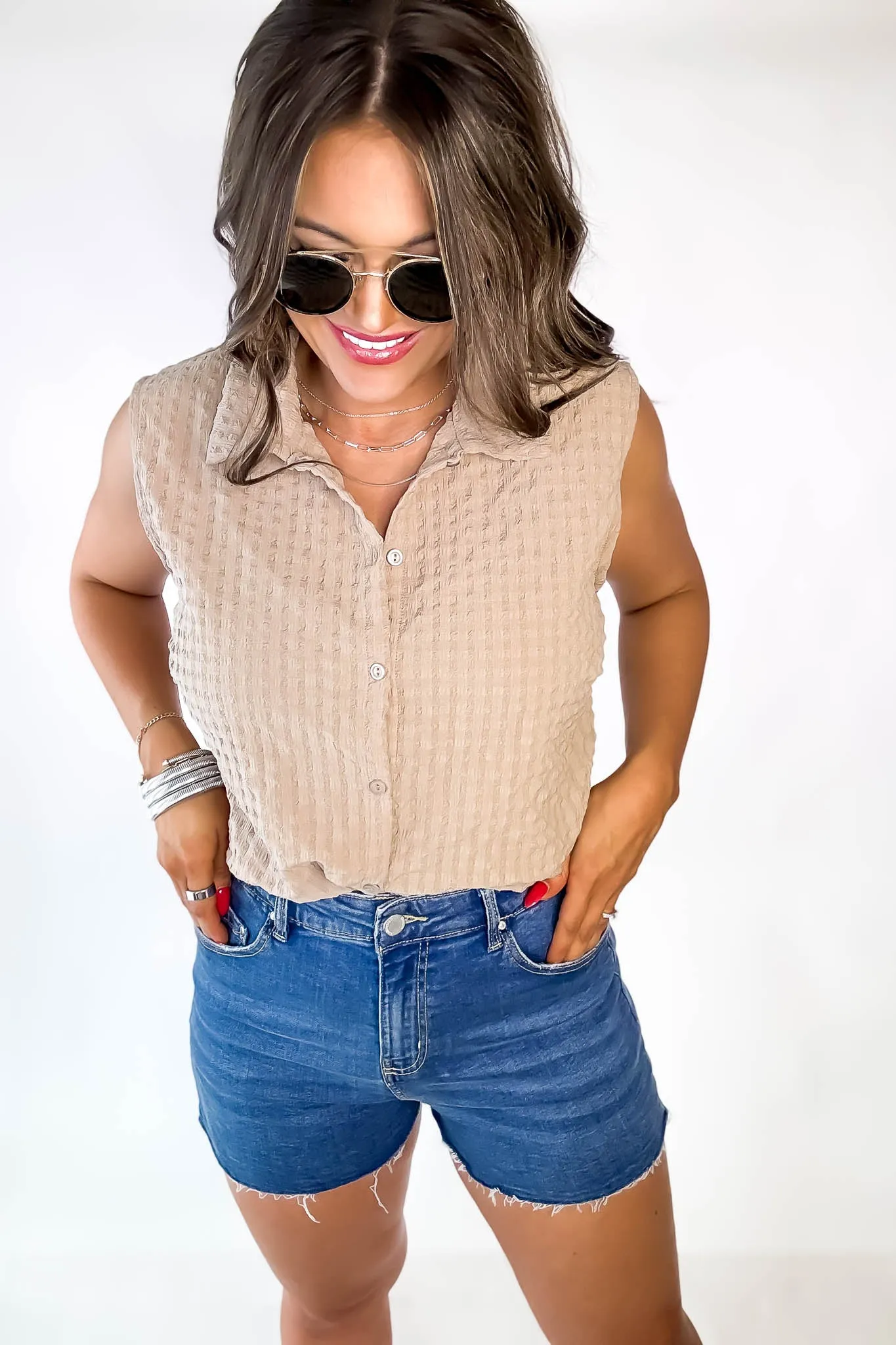 High Rise Medium Wash Frey Hem Denim Shorts