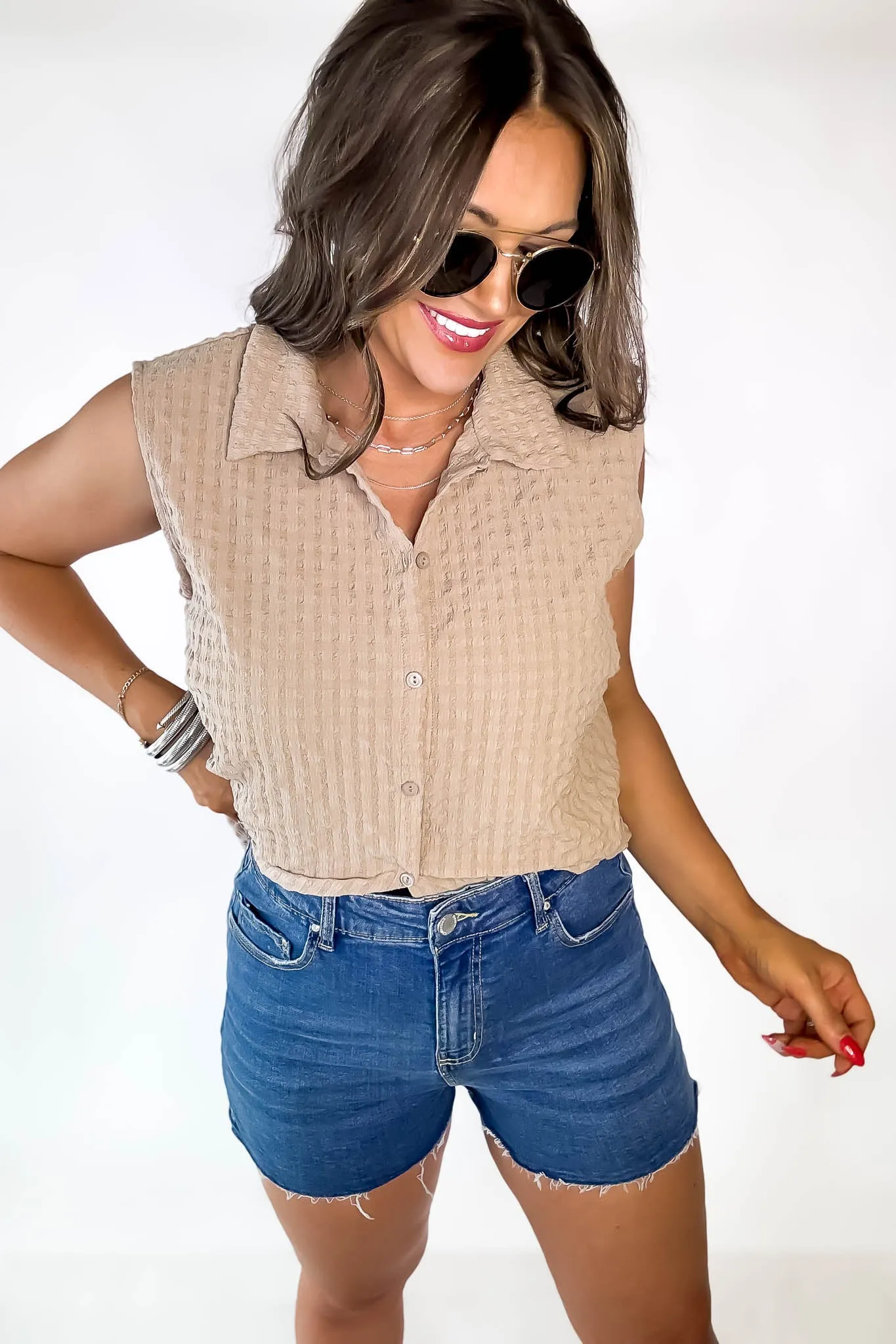 High Rise Medium Wash Frey Hem Denim Shorts