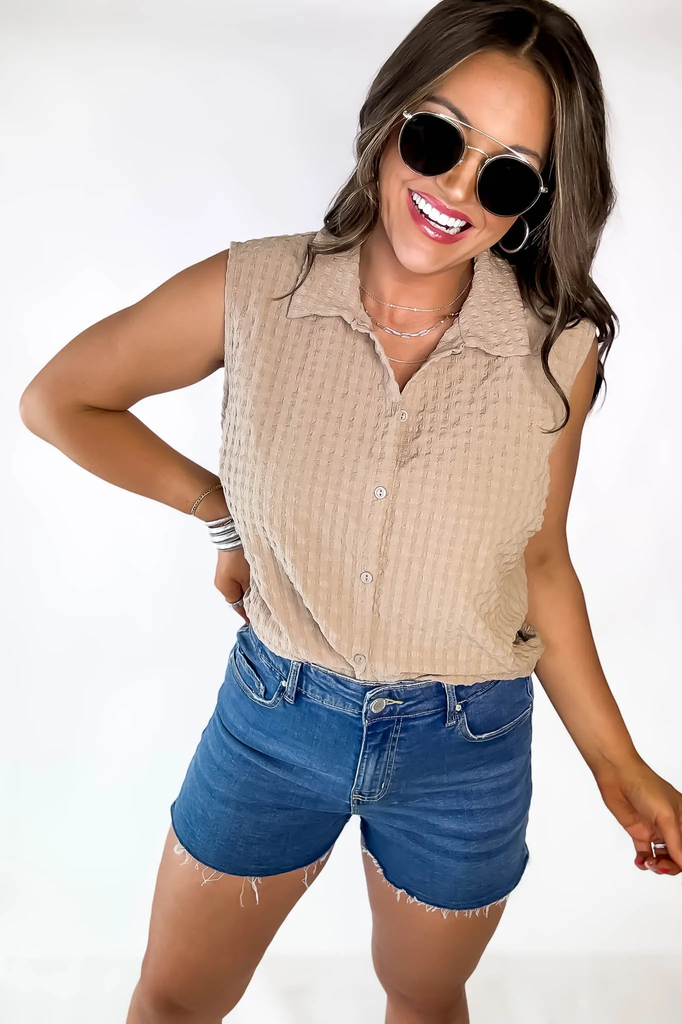 High Rise Medium Wash Frey Hem Denim Shorts