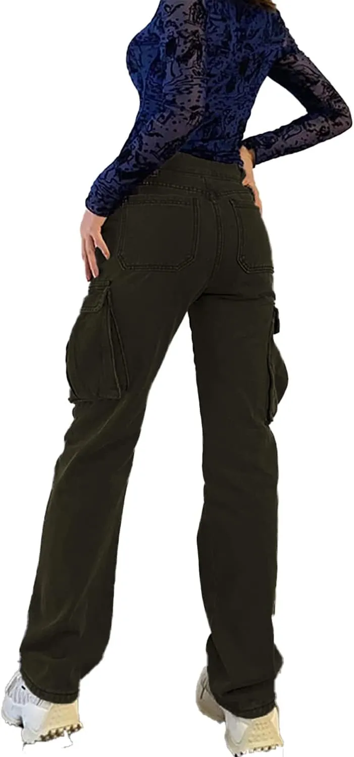 High Waist Baggy Cargo Jeans for Women Flap Pocket Relaxed Fit Straight Wide Leg Y2K Fashion Jeans