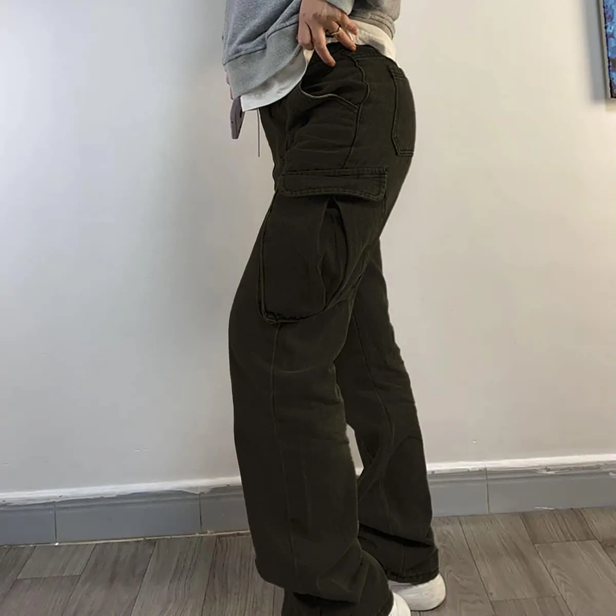 High Waist Baggy Cargo Jeans for Women Flap Pocket Relaxed Fit Straight Wide Leg Y2K Fashion Jeans