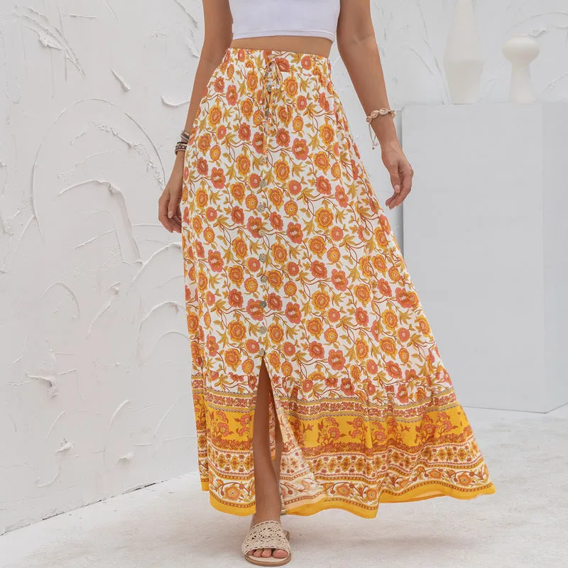 High Waist Floral Print Single-Breasted Long Bohemian Skirt Wholesale Skirts