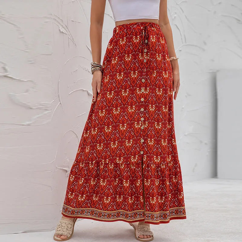 High Waist Floral Print Single-Breasted Long Bohemian Skirt Wholesale Skirts