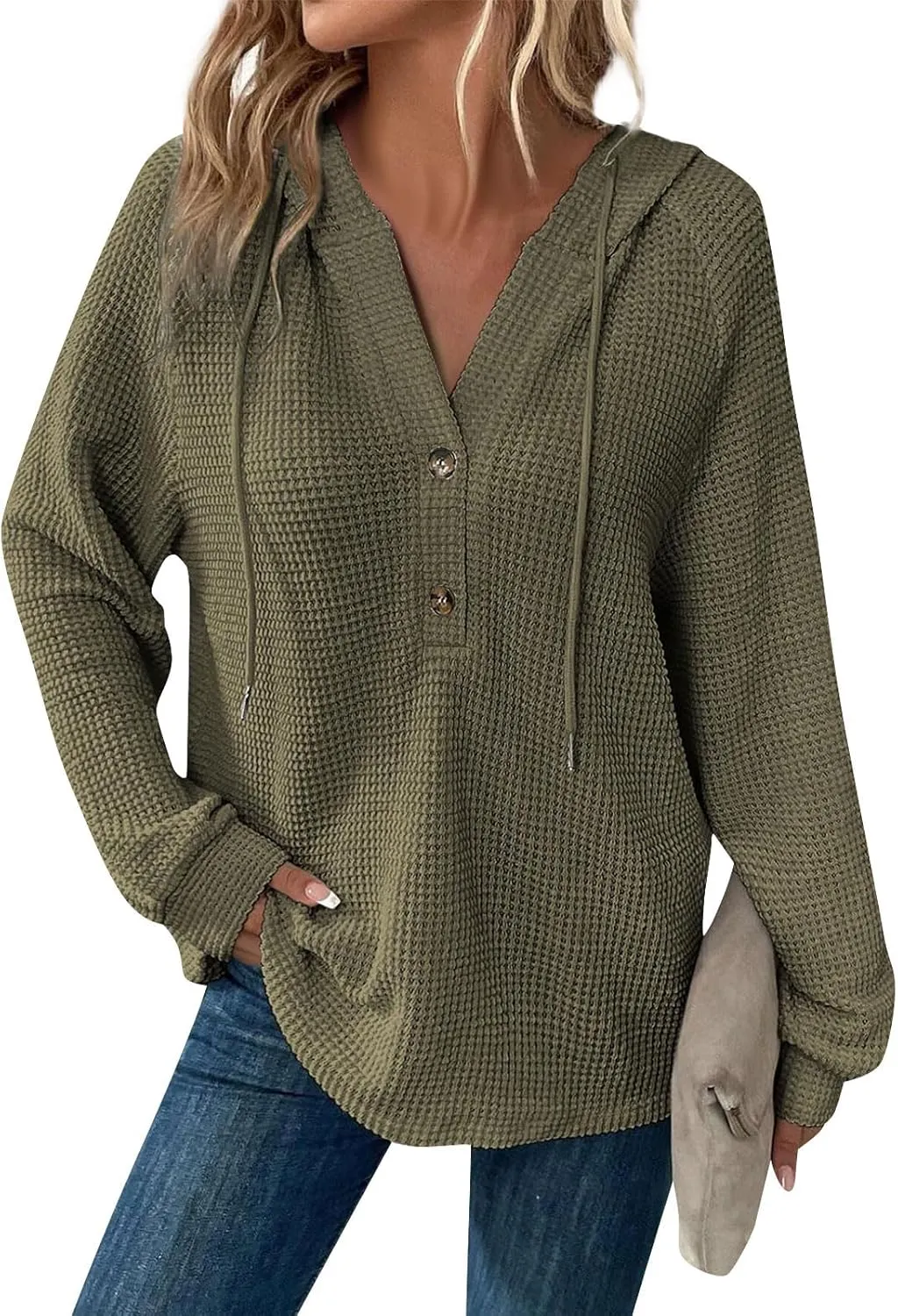 Hoodies for Women Waffle Knit Drawstring Button V Neck Long Sleeve Casual Pullover Sweatshirt Hooded Tops Oversized