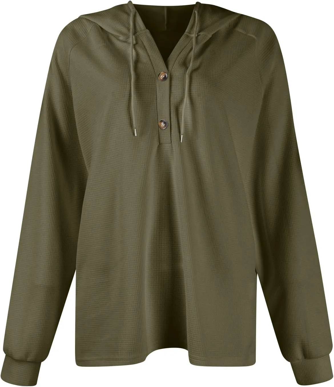 Hoodies for Women Waffle Knit Drawstring Button V Neck Long Sleeve Casual Pullover Sweatshirt Hooded Tops Oversized
