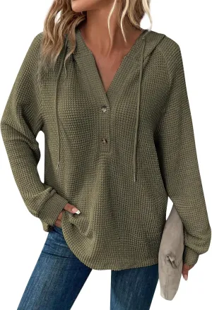 Hoodies for Women Waffle Knit Drawstring Button V Neck Long Sleeve Casual Pullover Sweatshirt Hooded Tops Oversized
