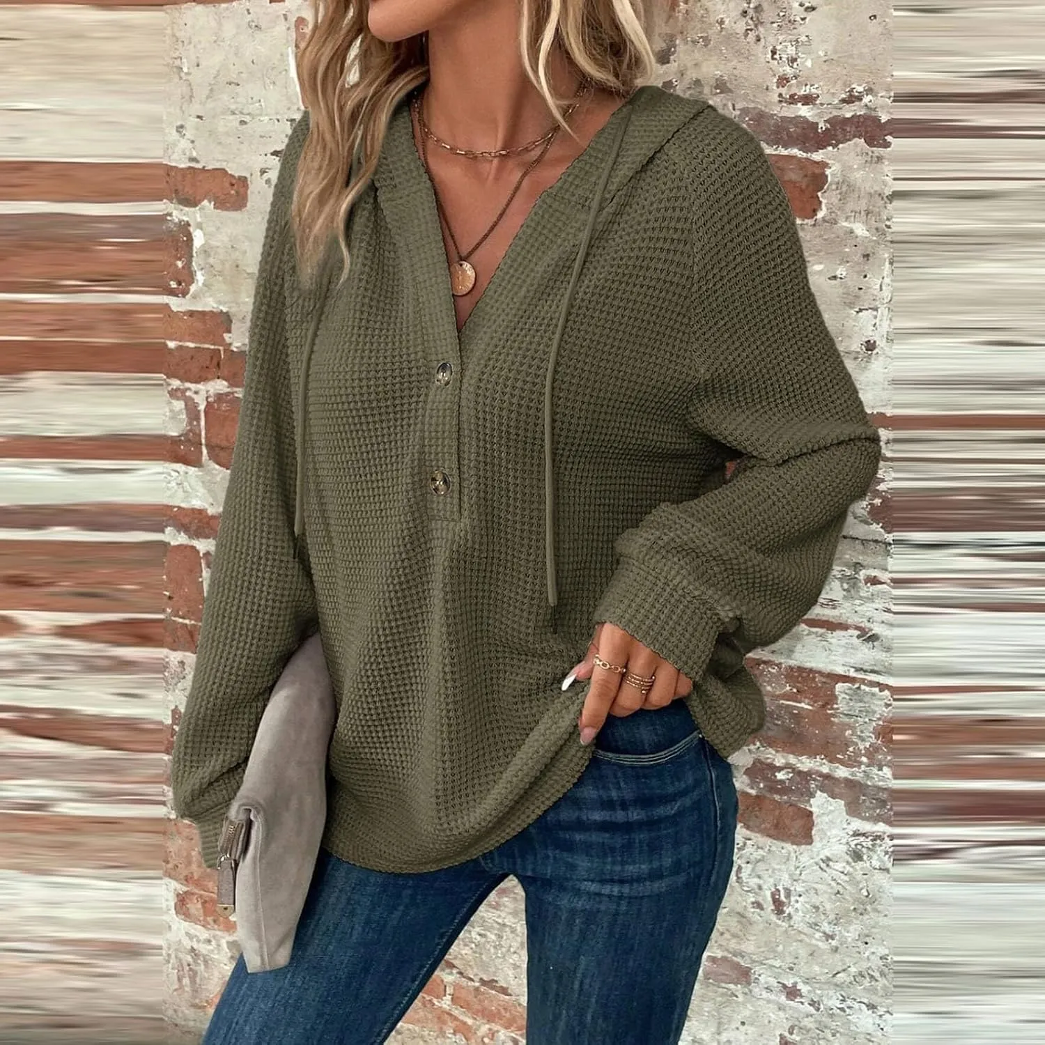 Hoodies for Women Waffle Knit Drawstring Button V Neck Long Sleeve Casual Pullover Sweatshirt Hooded Tops Oversized