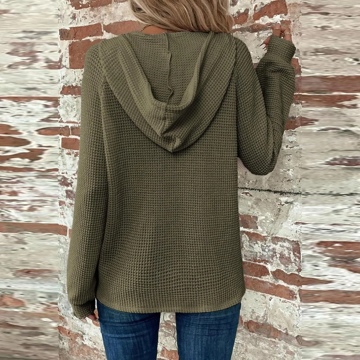 Hoodies for Women Waffle Knit Drawstring Button V Neck Long Sleeve Casual Pullover Sweatshirt Hooded Tops Oversized