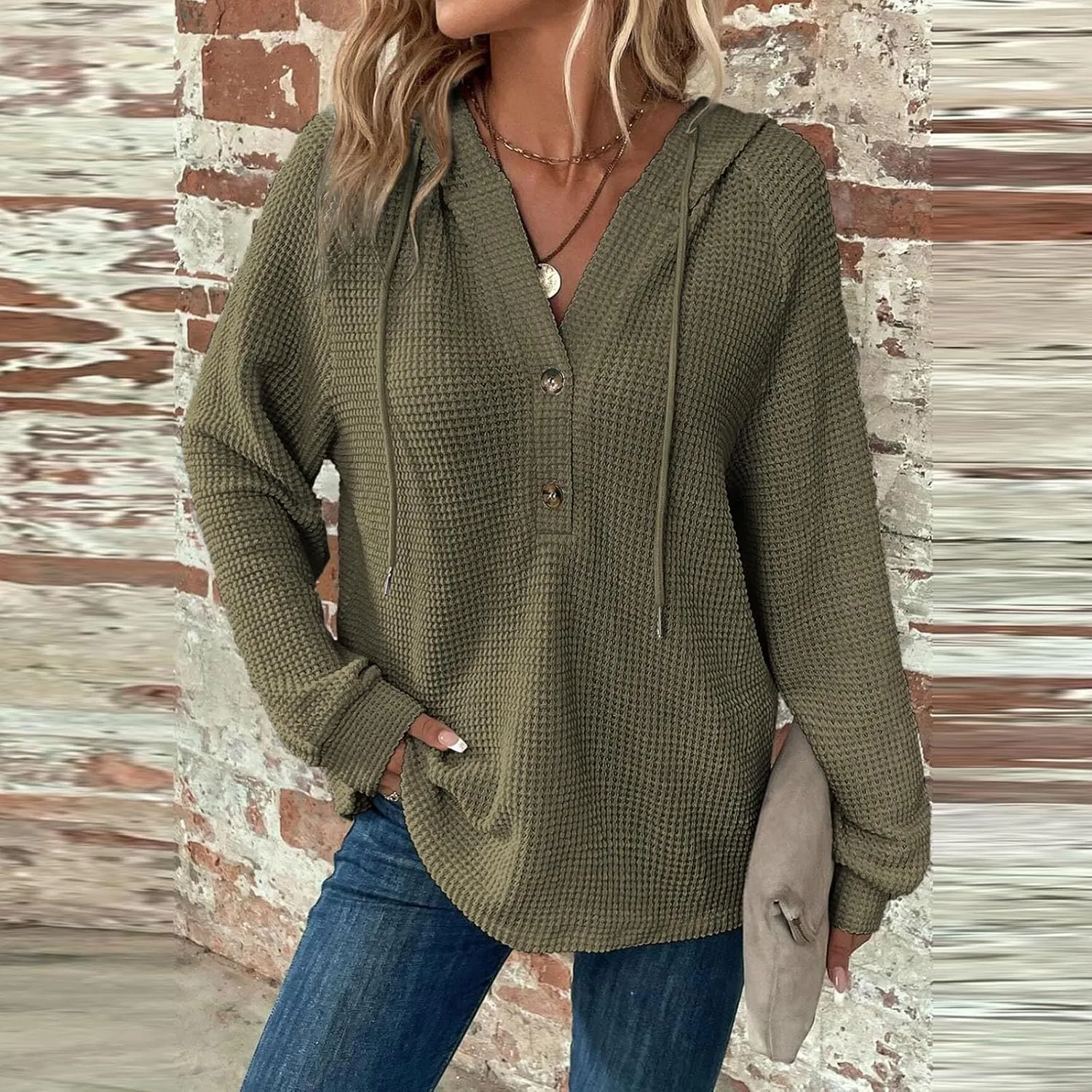 Hoodies for Women Waffle Knit Drawstring Button V Neck Long Sleeve Casual Pullover Sweatshirt Hooded Tops Oversized