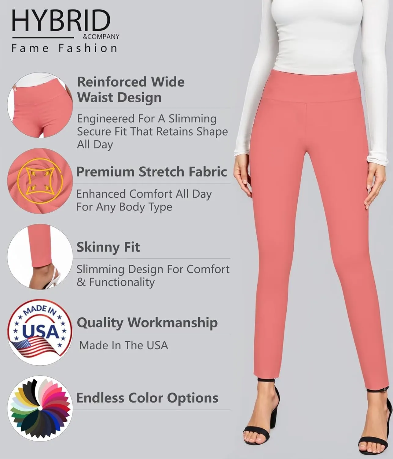Hybrid & Company Women Stretch Skinny Dress Pants Nylon Ponte Pull On Office Leggings Trousers