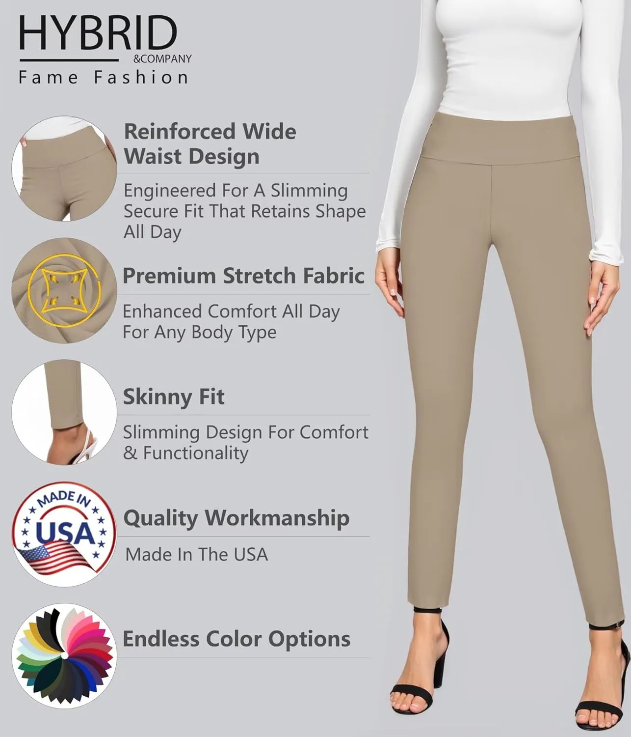 Hybrid & Company Women Stretch Skinny Dress Pants Nylon Ponte Pull On Office Leggings Trousers