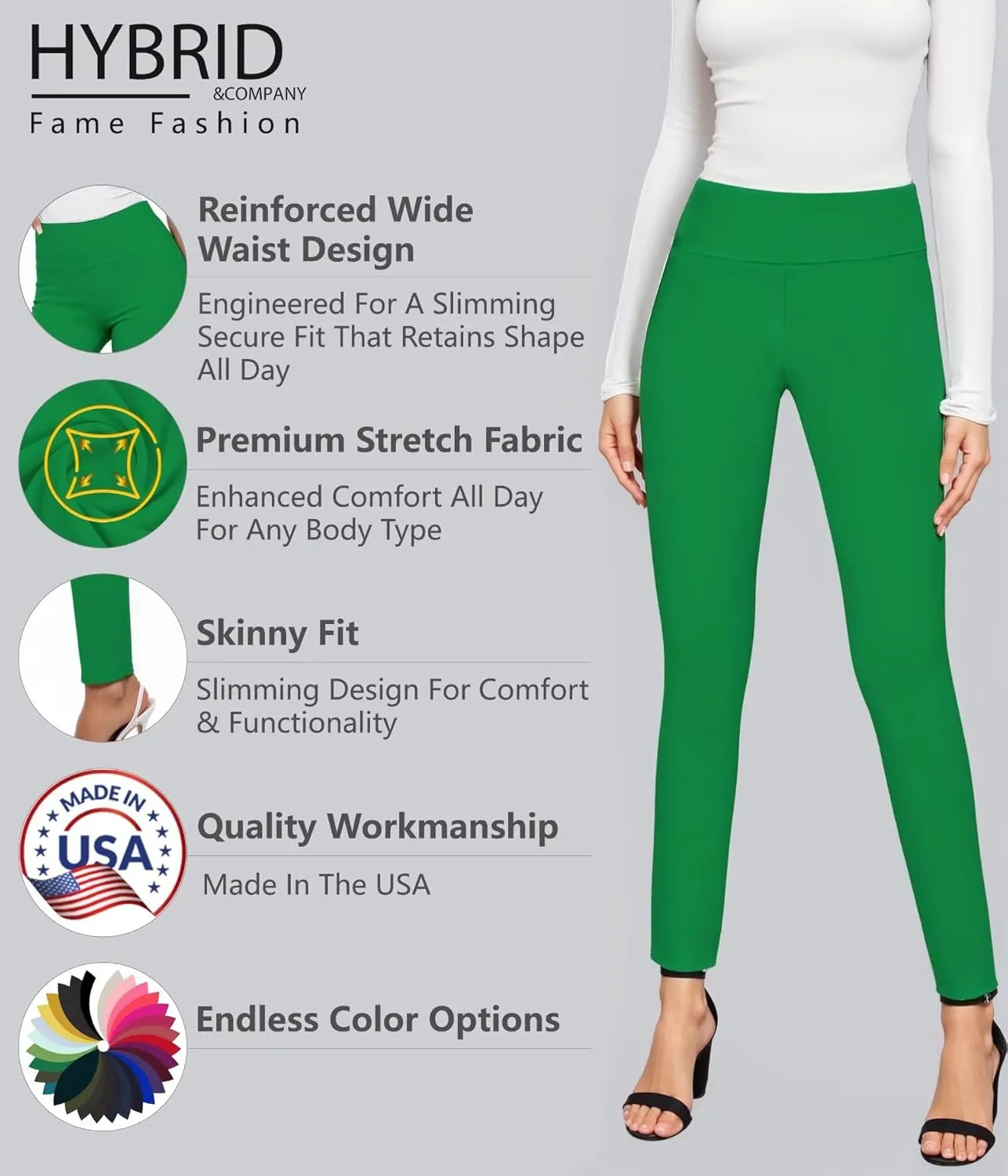 Hybrid & Company Women Stretch Skinny Dress Pants Nylon Ponte Pull On Office Leggings Trousers