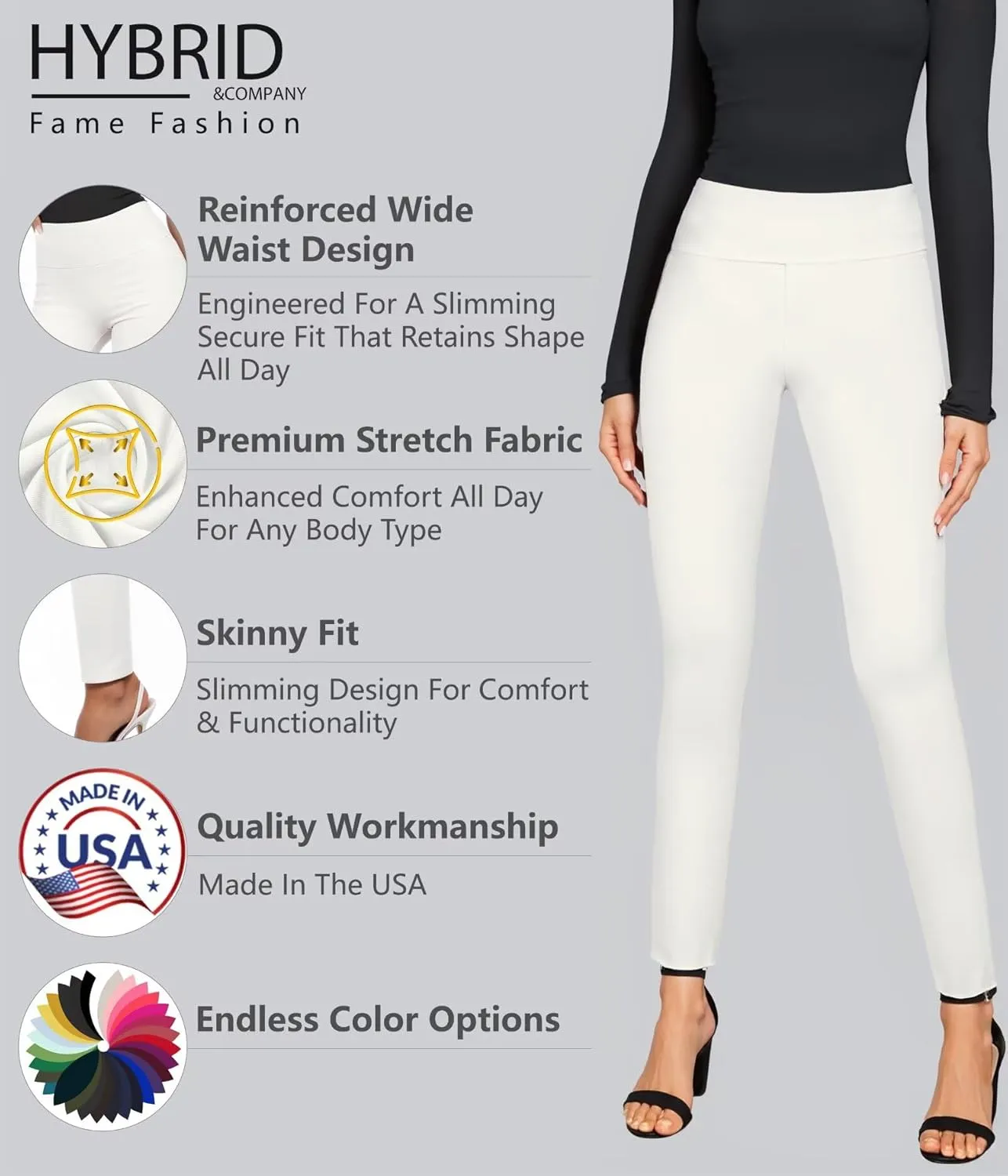 Hybrid & Company Women Stretch Skinny Dress Pants Nylon Ponte Pull On Office Leggings Trousers