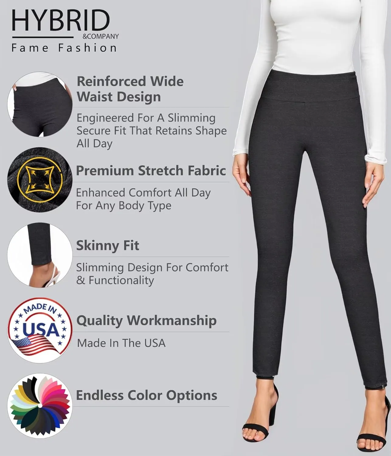 Hybrid & Company Women Stretch Skinny Dress Pants Nylon Ponte Pull On Office Leggings Trousers