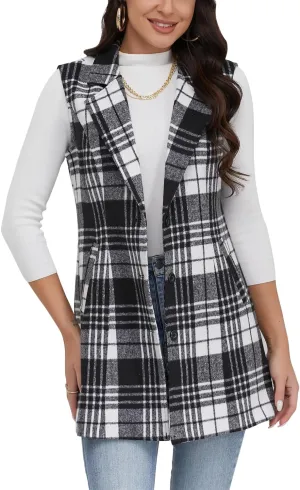 IDEALSANXUN Plaid Vest for Women Fall Winter Sleeveless Blazer Jackets