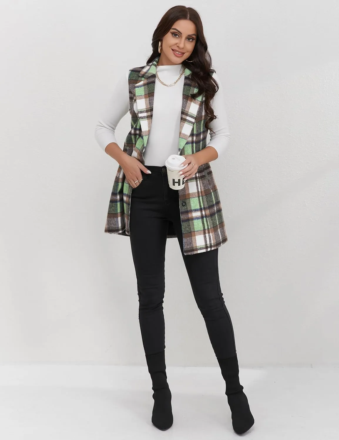 IDEALSANXUN Plaid Vest for Women Fall Winter Sleeveless Blazer Jackets