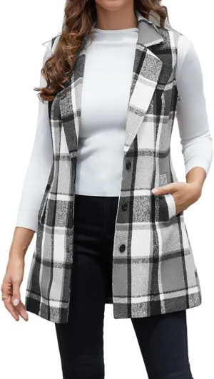 IDEALSANXUN Plaid Vest for Women Fall Winter Sleeveless Blazer Jackets