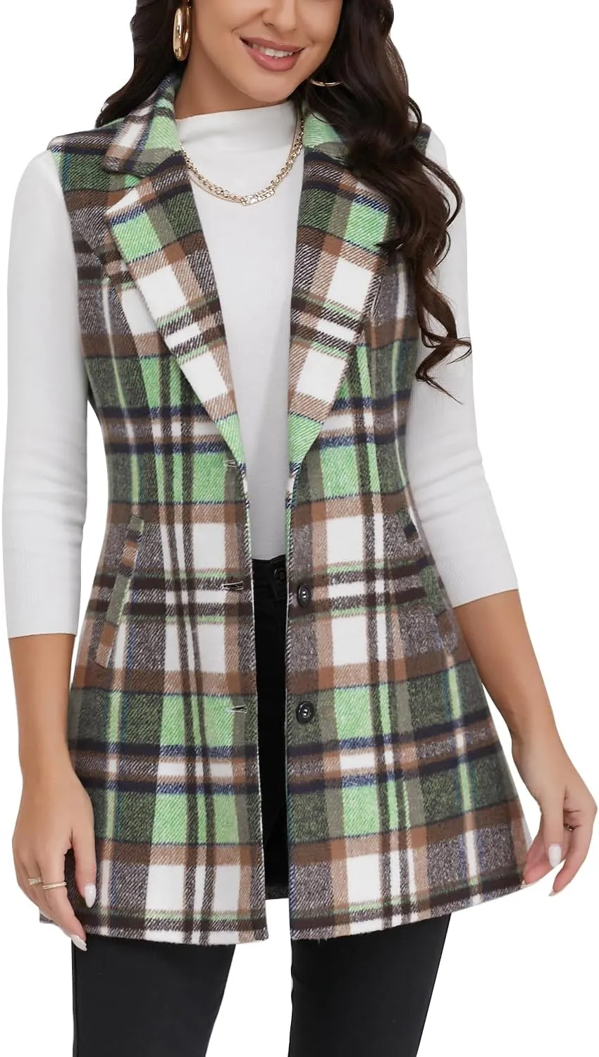 IDEALSANXUN Plaid Vest for Women Fall Winter Sleeveless Blazer Jackets