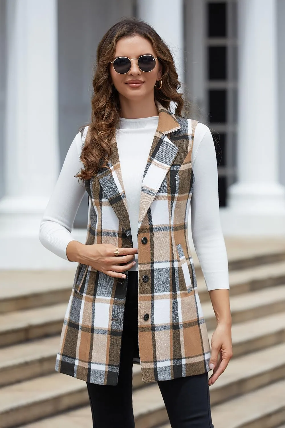 IDEALSANXUN Plaid Vest for Women Fall Winter Sleeveless Blazer Jackets