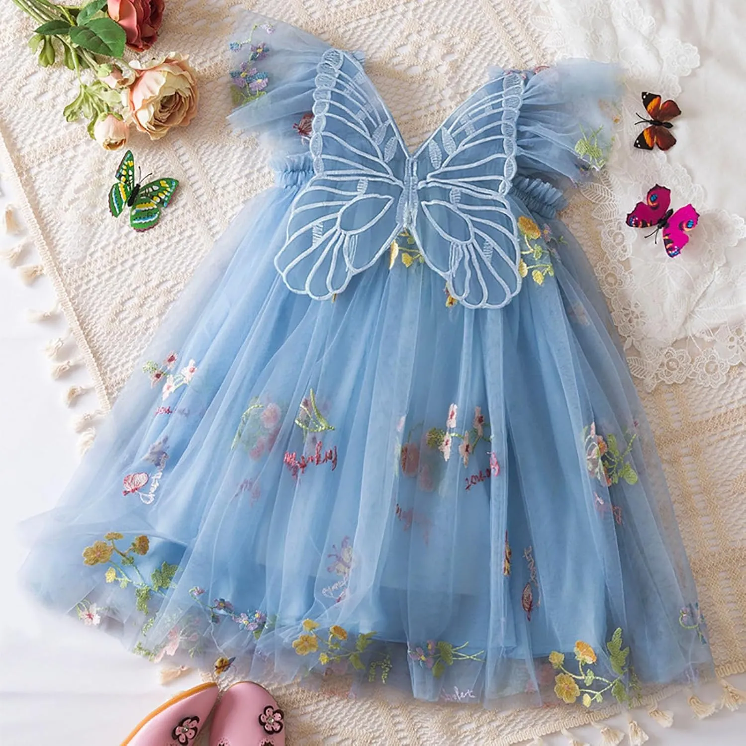 Infant Baby Ruffle Dress Toddler Girls Tulle Tutu Mesh Skirt Kids Girls Cute Butterfly Toddler Girl Dresses 6
