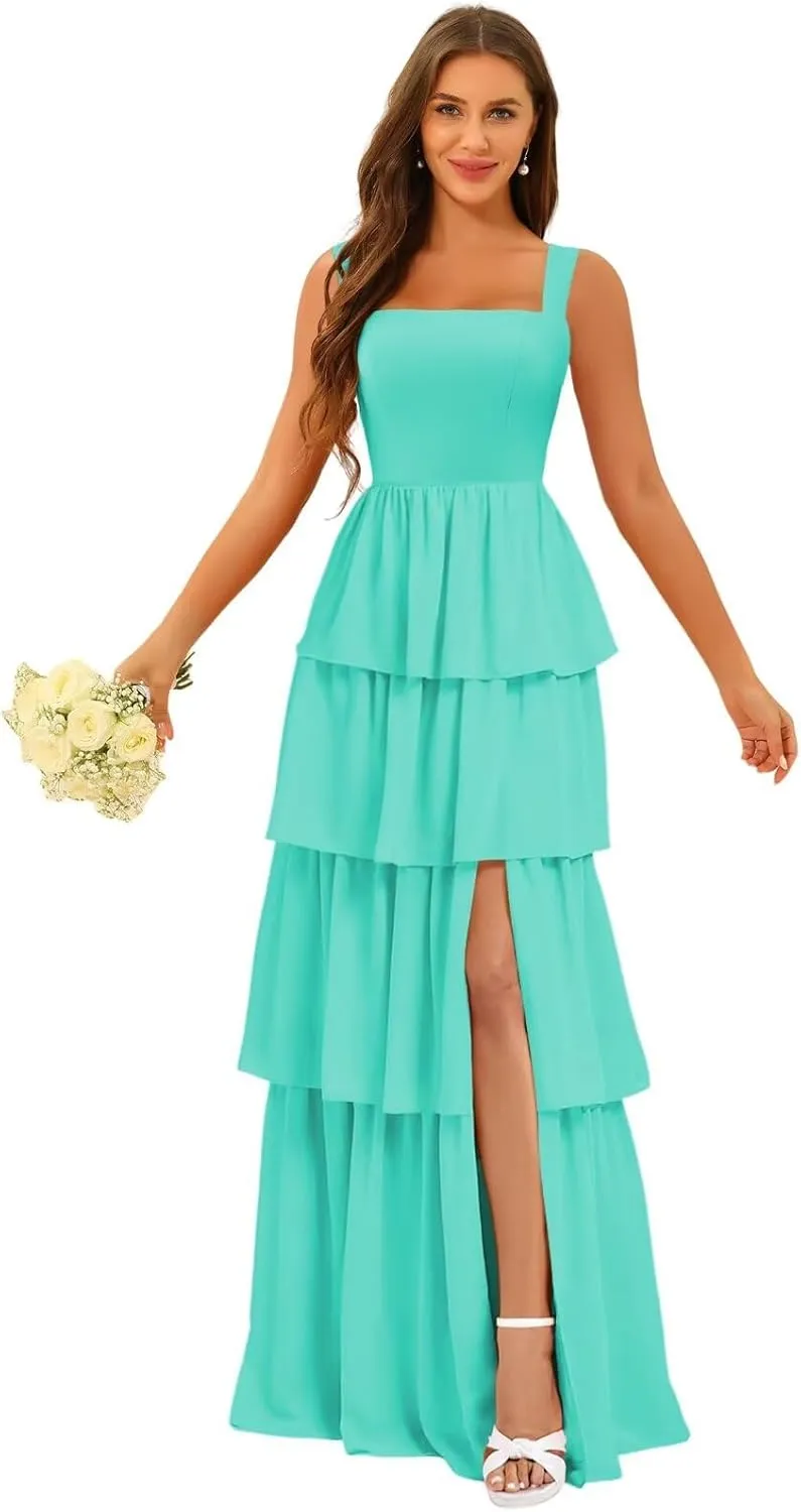ISABUFEI Tiered Ruffles Bridesmaid Dresses for Women 2025 - V-Neck Backless Chiffon Mermaid Formal Evening Gowns