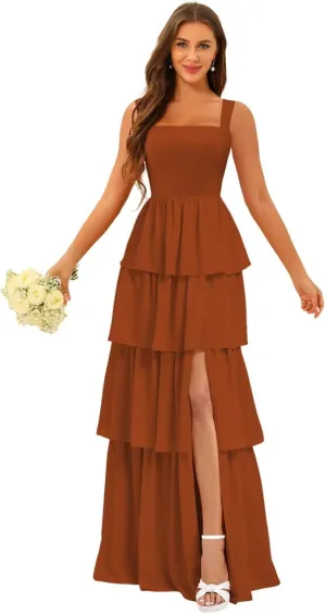 ISABUFEI Tiered Ruffles Bridesmaid Dresses for Women 2025 - V-Neck Backless Chiffon Mermaid Formal Evening Gowns