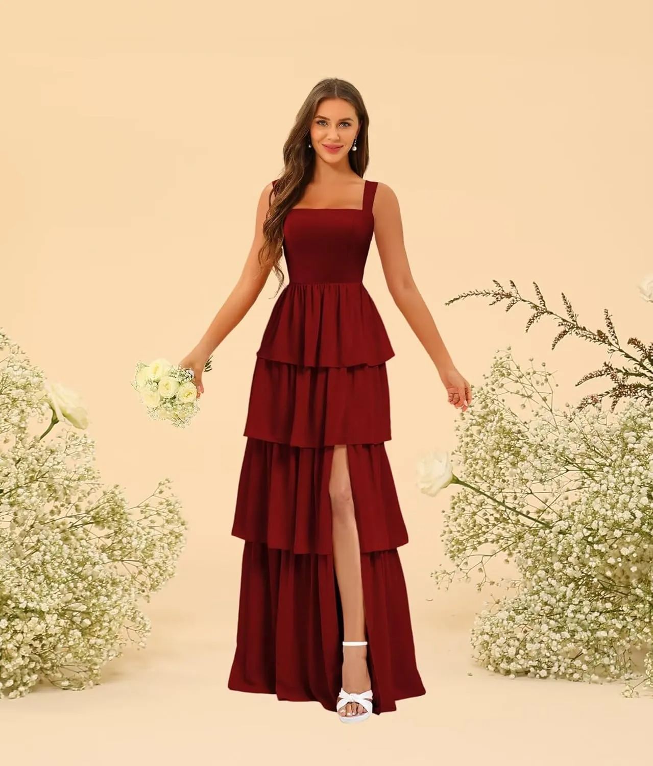 ISABUFEI Tiered Ruffles Bridesmaid Dresses for Women 2025 - V-Neck Backless Chiffon Mermaid Formal Evening Gowns