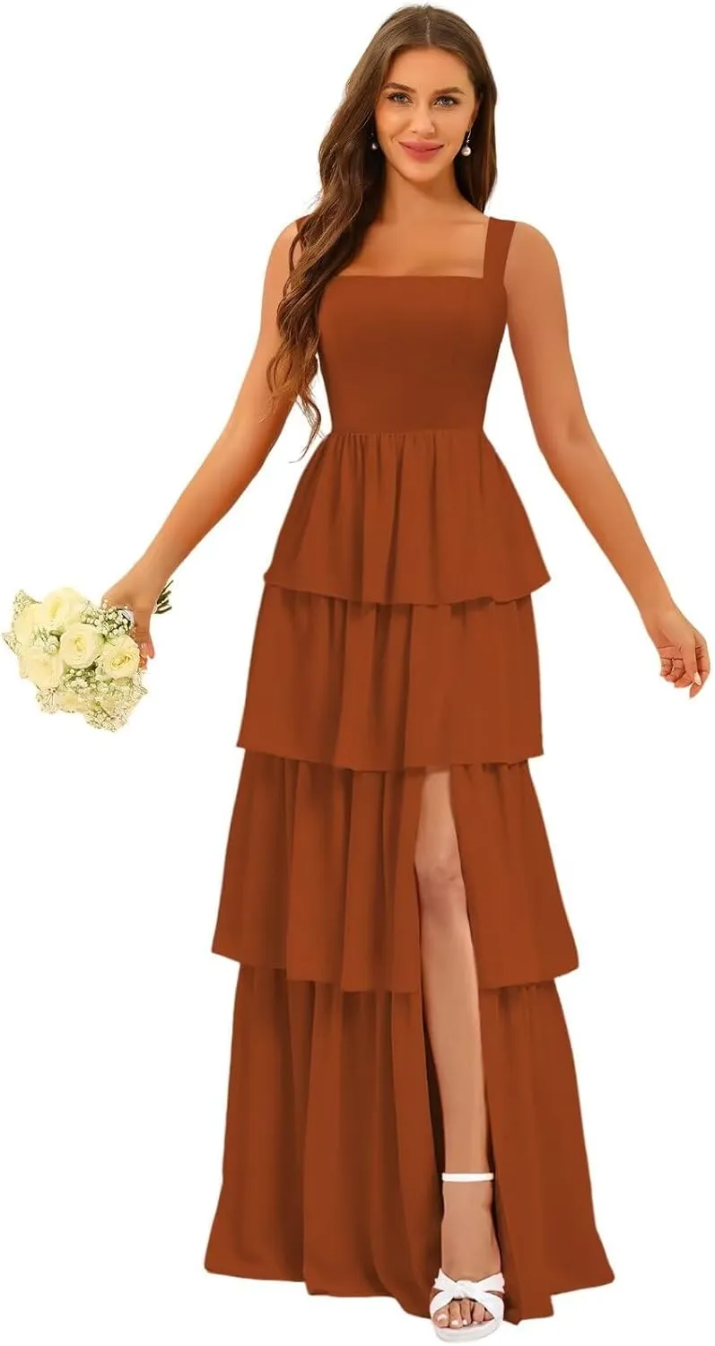 ISABUFEI Tiered Ruffles Bridesmaid Dresses for Women 2025 - V-Neck Backless Chiffon Mermaid Formal Evening Gowns