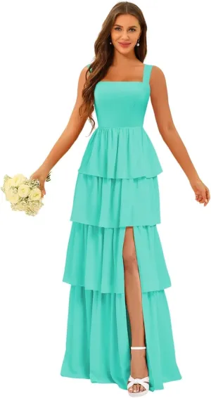 ISABUFEI Tiered Ruffles Bridesmaid Dresses for Women 2025 - V-Neck Backless Chiffon Mermaid Formal Evening Gowns