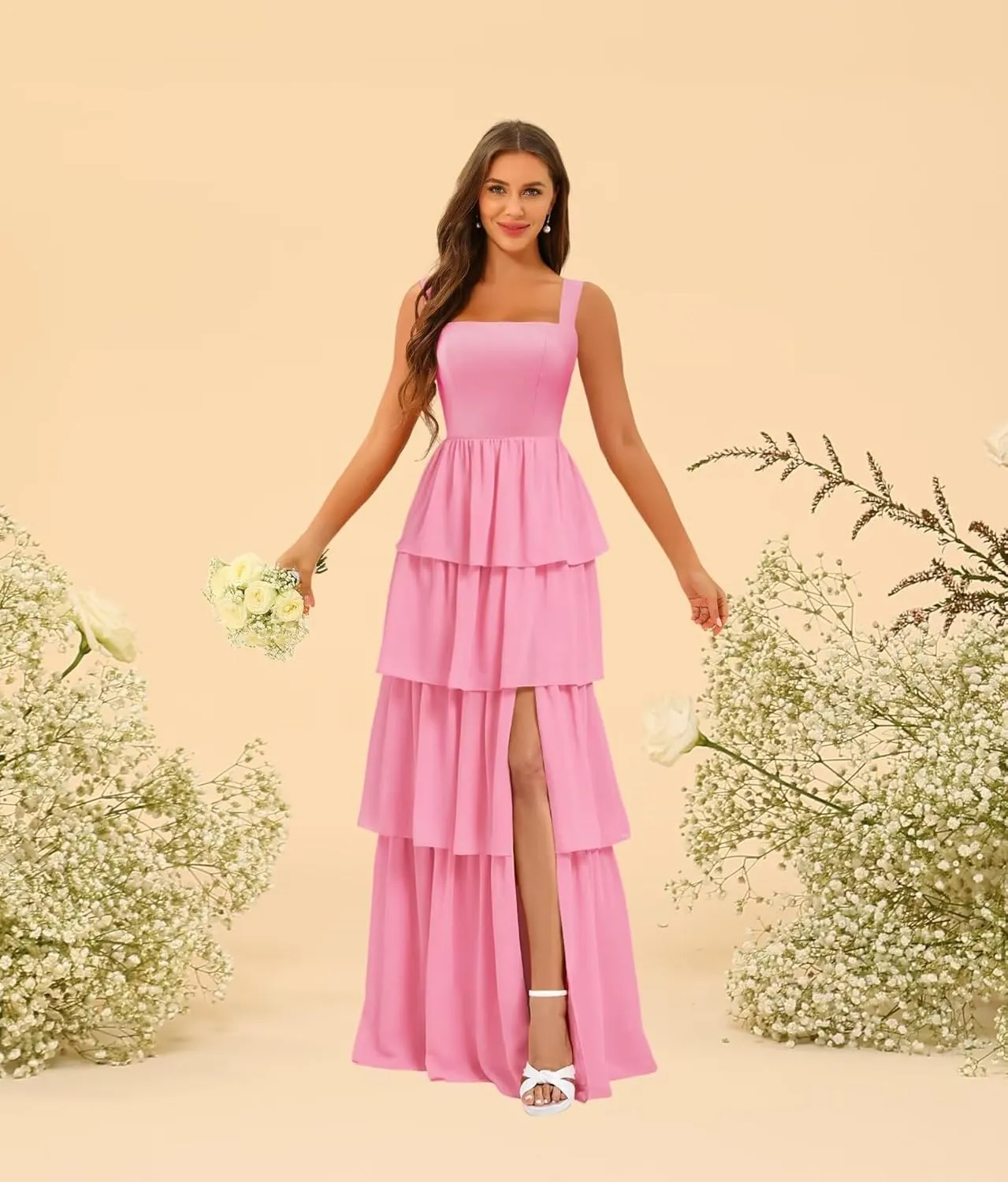 ISABUFEI Tiered Ruffles Bridesmaid Dresses for Women 2025 - V-Neck Backless Chiffon Mermaid Formal Evening Gowns