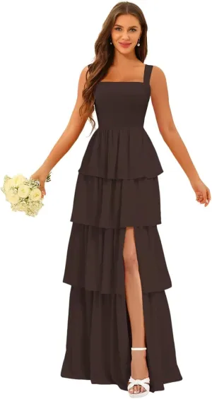 ISABUFEI Tiered Ruffles Bridesmaid Dresses for Women 2025 - V-Neck Backless Chiffon Mermaid Formal Evening Gowns