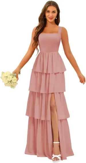 ISABUFEI Tiered Ruffles Bridesmaid Dresses for Women 2025 - V-Neck Backless Chiffon Mermaid Formal Evening Gowns