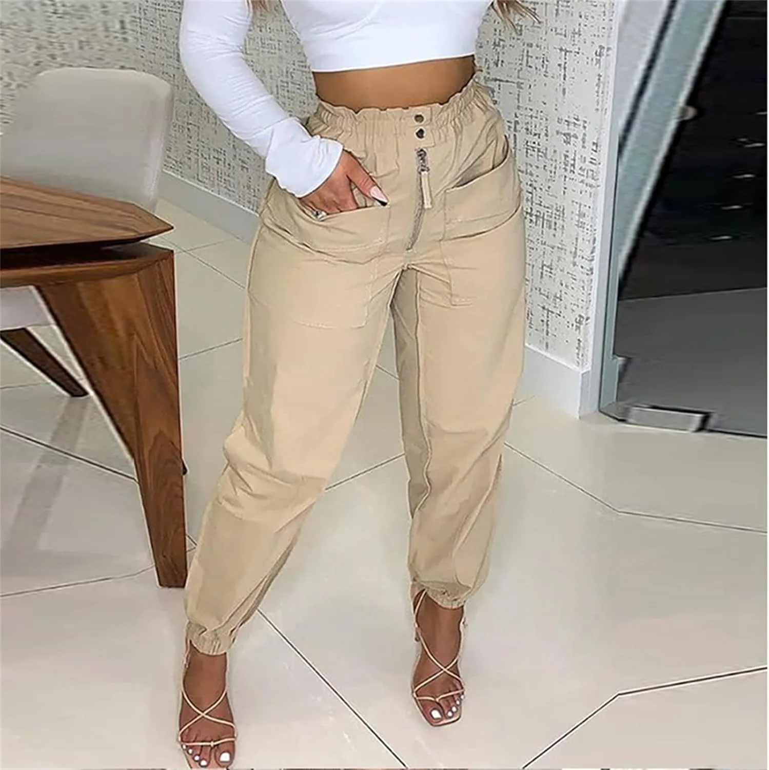 IVERIRMIN Women's Casual High Waist Jogger Pants Zipper Button Baggy Pencil Pants Trousers with Pockets