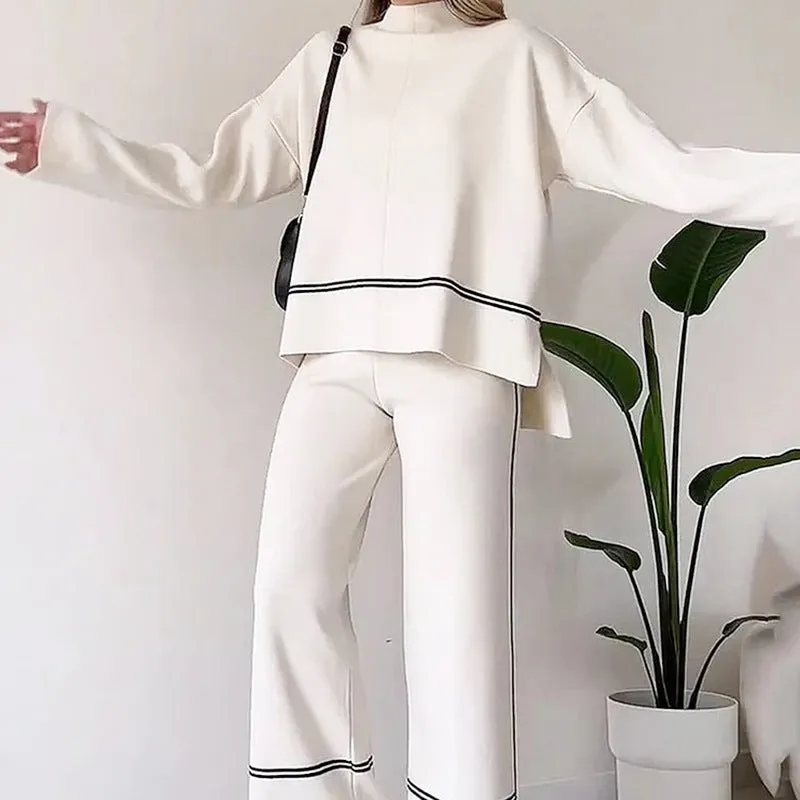 KAMAHE Cross-border fashion contrasting color stripes loose casual versatile knitted sweater set 's new two-piece high-waisted pants