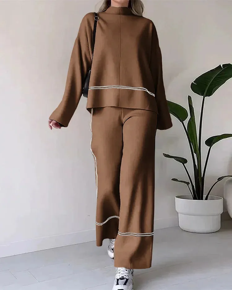 KAMAHE Cross-border fashion contrasting color stripes loose casual versatile knitted sweater set 's new two-piece high-waisted pants