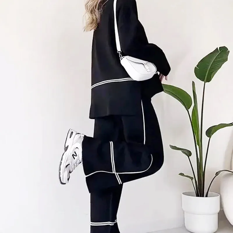 KAMAHE Cross-border fashion contrasting color stripes loose casual versatile knitted sweater set 's new two-piece high-waisted pants