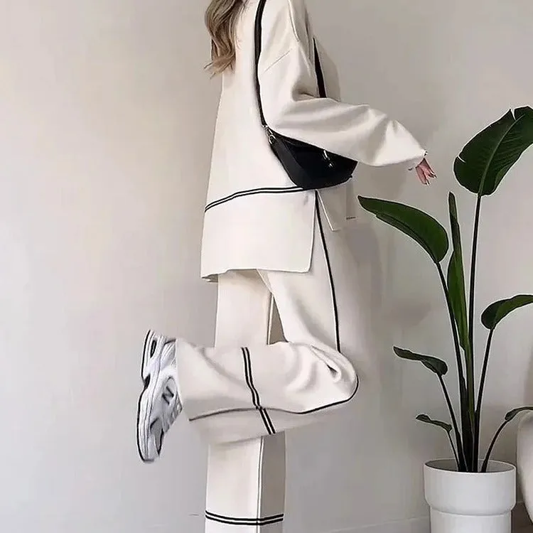 KAMAHE Cross-border fashion contrasting color stripes loose casual versatile knitted sweater set 's new two-piece high-waisted pants