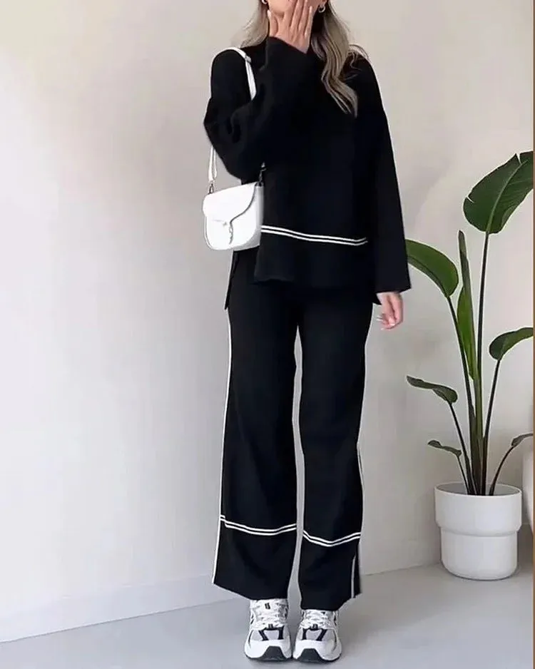KAMAHE Cross-border fashion contrasting color stripes loose casual versatile knitted sweater set 's new two-piece high-waisted pants