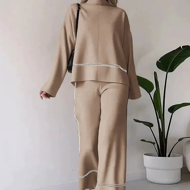 KAMAHE Cross-border fashion contrasting color stripes loose casual versatile knitted sweater set 's new two-piece high-waisted pants