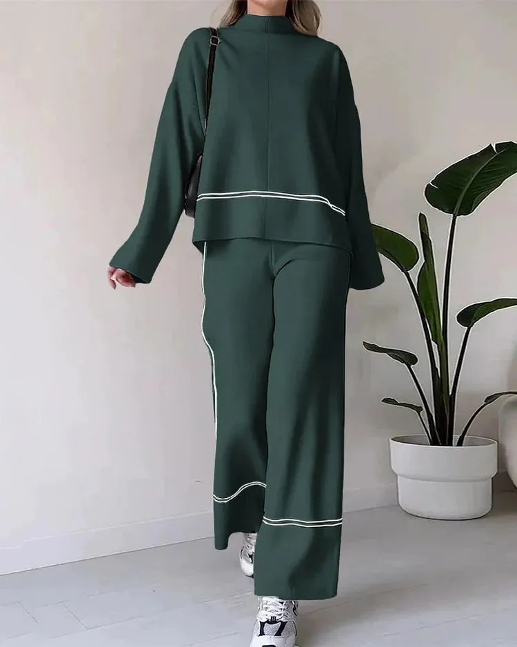 KAMAHE Cross-border fashion contrasting color stripes loose casual versatile knitted sweater set 's new two-piece high-waisted pants