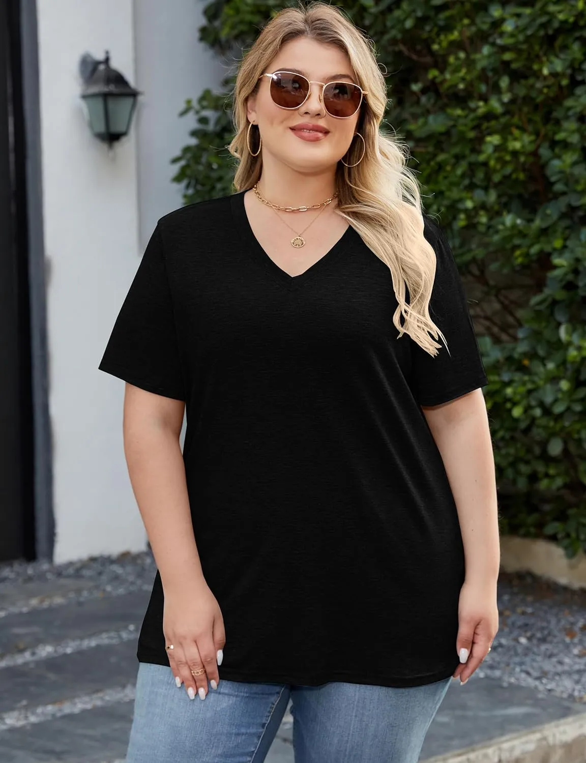Kancystore Womens Plus Size V Neck T Shirts Short Sleeve Tops Casual Summer Tshirts Loose Fit Tee XL-5X
