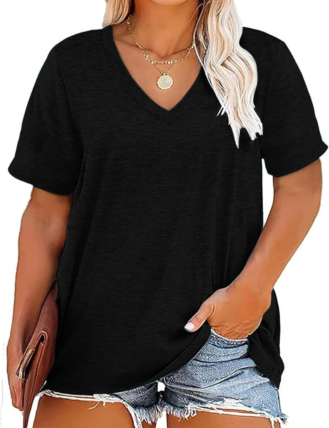 Kancystore Womens Plus Size V Neck T Shirts Short Sleeve Tops Casual Summer Tshirts Loose Fit Tee XL-5X