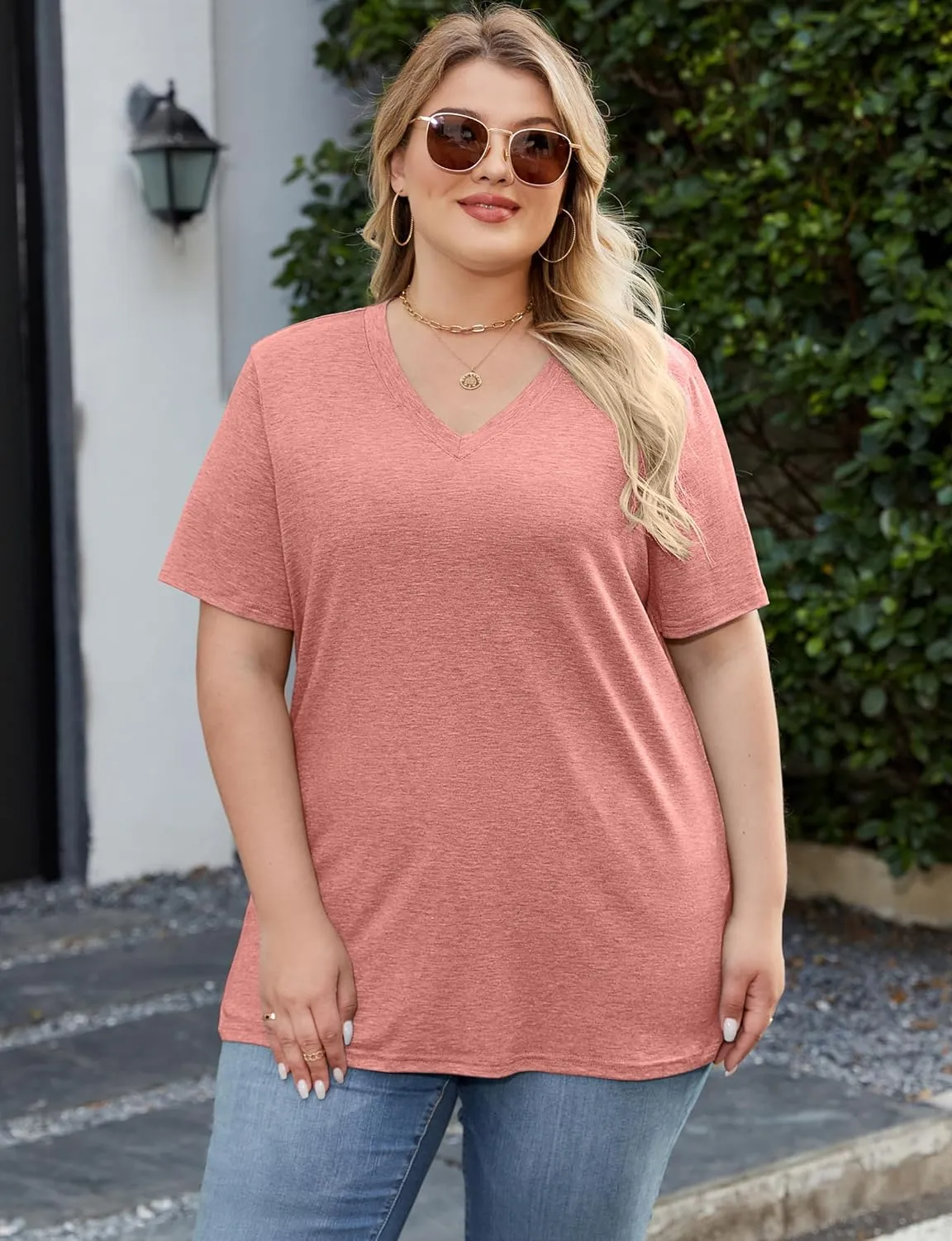 Kancystore Womens Plus Size V Neck T Shirts Short Sleeve Tops Casual Summer Tshirts Loose Fit Tee XL-5X