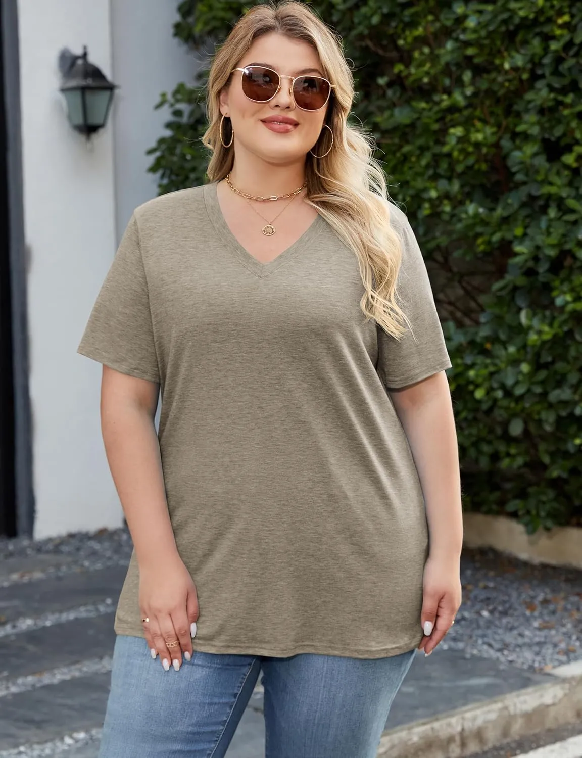 Kancystore Womens Plus Size V Neck T Shirts Short Sleeve Tops Casual Summer Tshirts Loose Fit Tee XL-5X